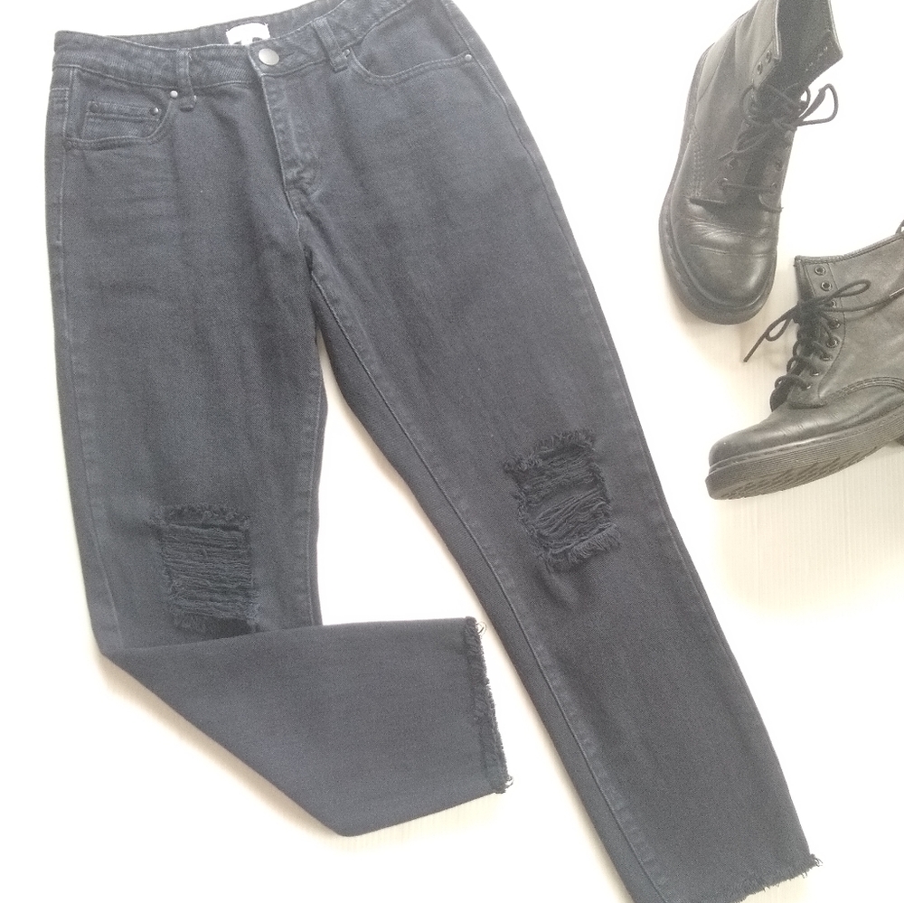 TOBI distressed raw hem black cropped jeans